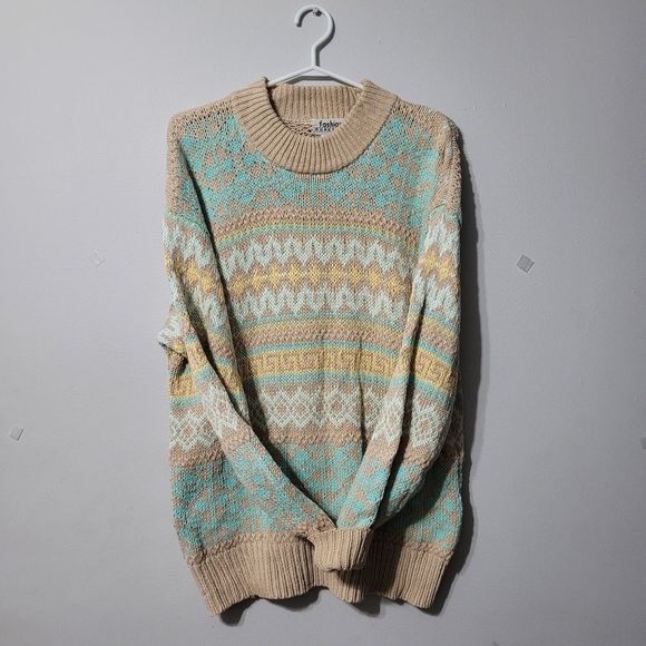 Vintage 80s grandpa style fair isle heavy knit pullover sweater - Picture 2 of 12